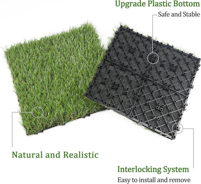 GOLDEN MOON Artificial Grass Turf Tiles with Interlocking System 1.57 in Height Fake Grass Carpet for Patio, Upgrade 1 x 1 FT 9 Pack Turf Grass for Dogs, Synthetic Grass Rug for Pets